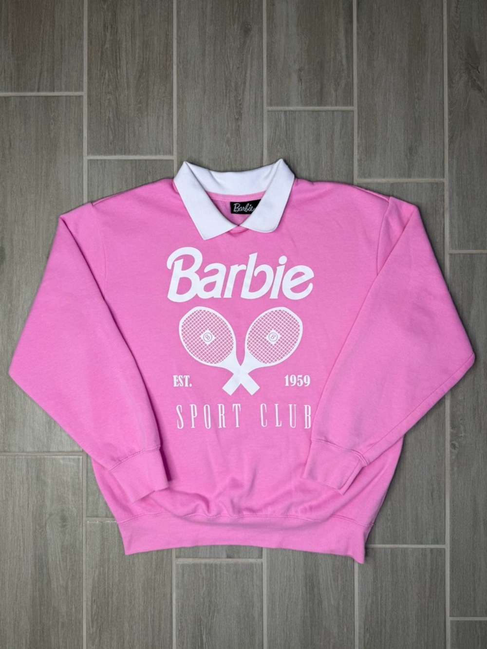 Barbie Sport Club Sweatshirt Size Medium Pink White Collared Retro Styled